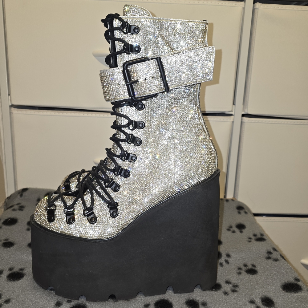 Sparkling Silver Lace-Up Platform Ankle Boot